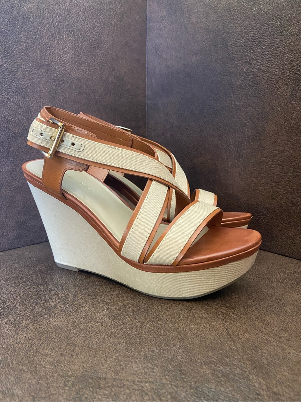 Tommy Hilfiger Tan and Cream Strappy Wedge Sandals with Buckle